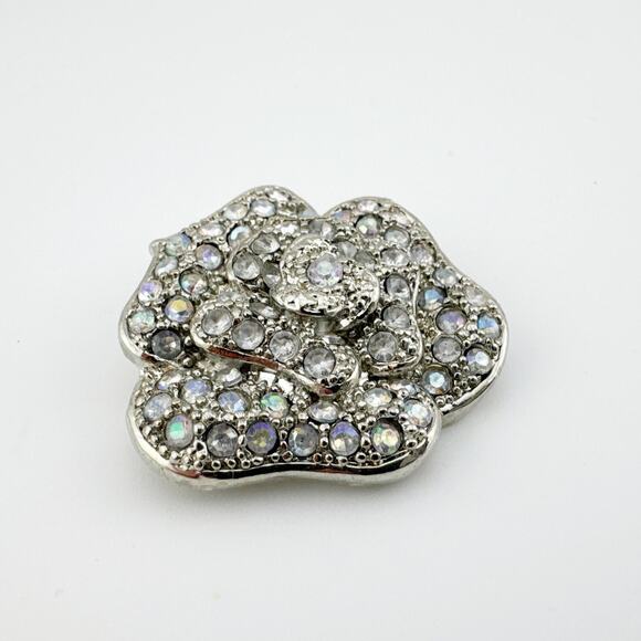 Vintage Silver Rose Brooch Aurora Borealis Rhinestone Flower Pin - Picture 7 of 7